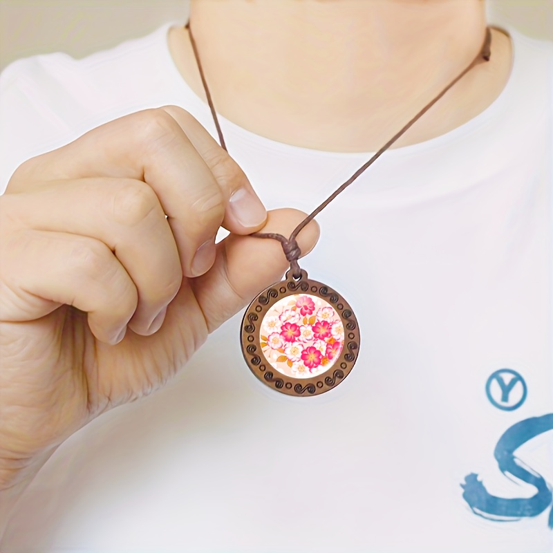 Handmade Pink Floral Pattern Wooden Pendant Necklace